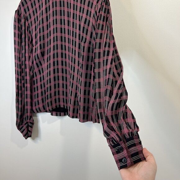Ganni Blouse Plaid Blouse Top Black Pink Mock Neck Fitted - Size EU 42 US 10/12 - Picture 4 of 15